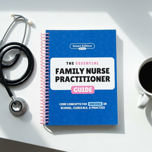 The Essential Family Nurse Practitioner Guide laying flat with a stethoscope and coffee