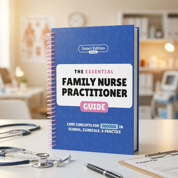 The Essential Family Nurse Practitioner Guide standing on a clinic desk