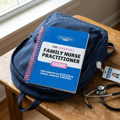 The guide resting on a nursing-student backpack with badge and stethoscope