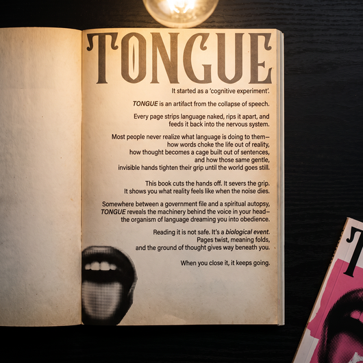 TONGUE: A Cognitive Hazard open to the interior blurb page under a bare bulb